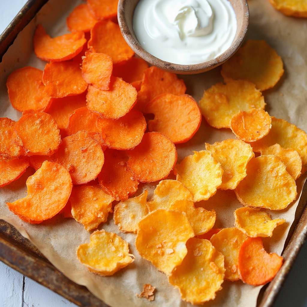 Domowe chipsy z batatów i marchwi ułożone na blasze do pieczenia obok miseczki z jogurtem naturalnym, widok z góry, naturalne światło słoneczne
