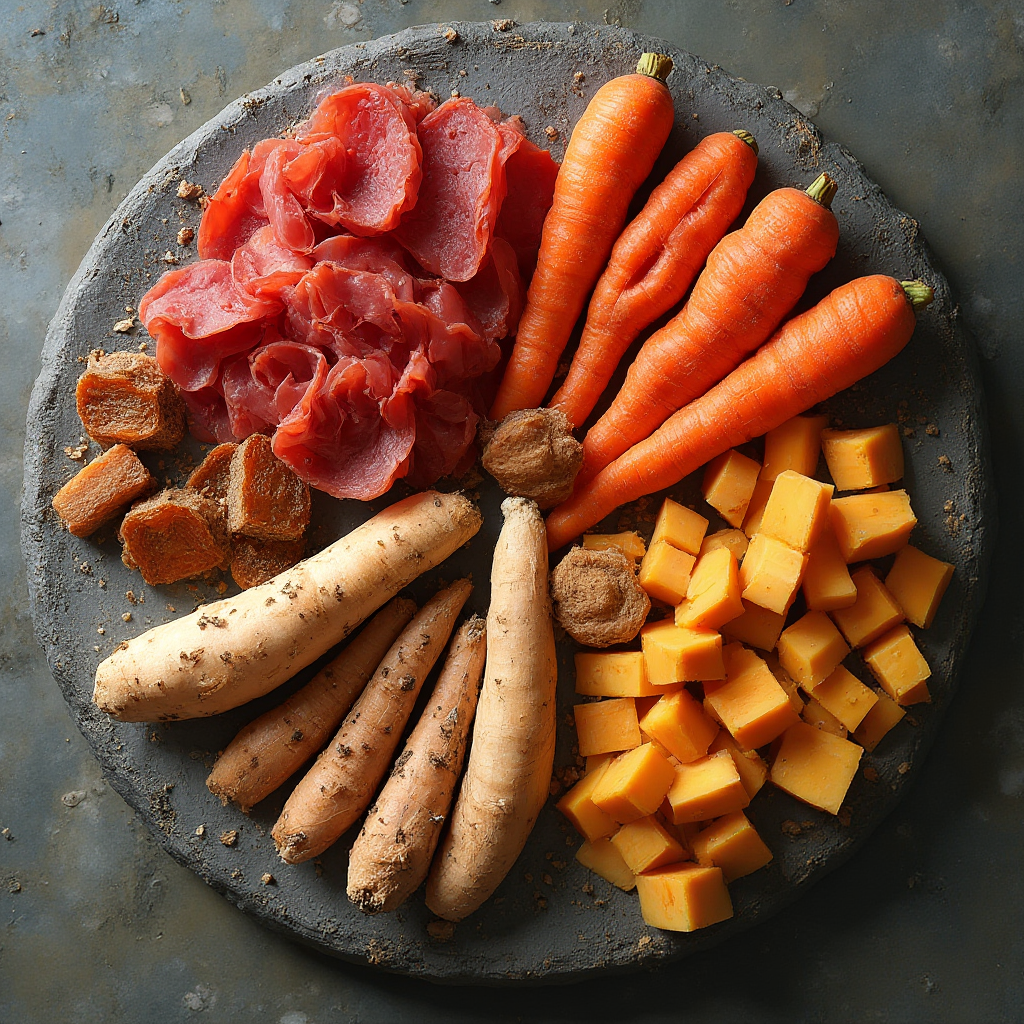 Różnorodne zdrowe przysmaki dla psa ułożone na kamiennej płycie: suszone mięso, marchewki, bataty – widok z góry