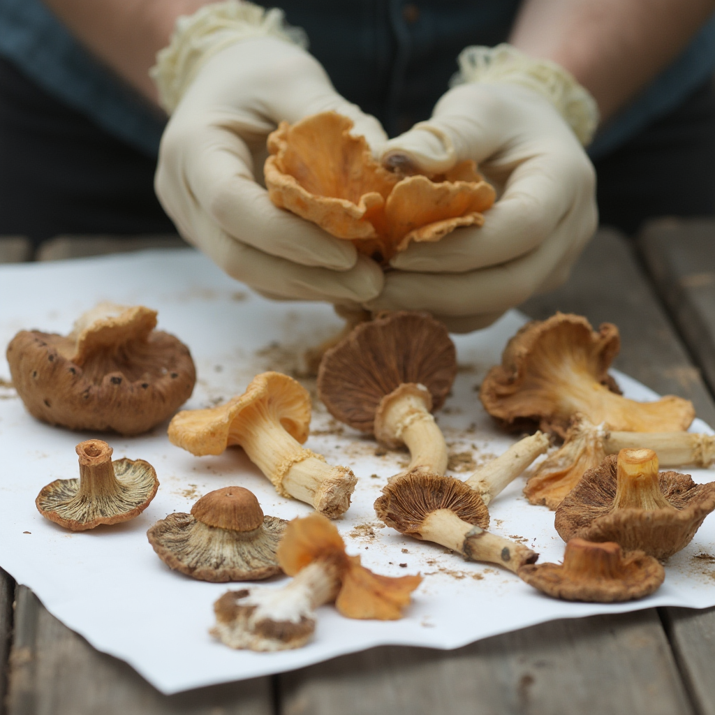 zbliżenie na dłoń w gumowej rękawiczce trzymającą próbki różnych grzybów leśnych ułożonych na białej kartce papieru, detale struktur kapeluszy i blaszek