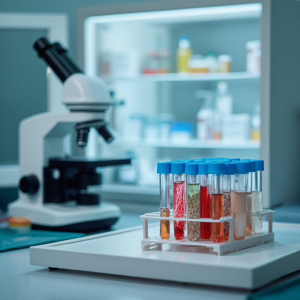 laboratorium weterynaryjne z mikroskopem i probówkami zawierającymi próbki tkanek, w tle szafa chłodnicza z lekami