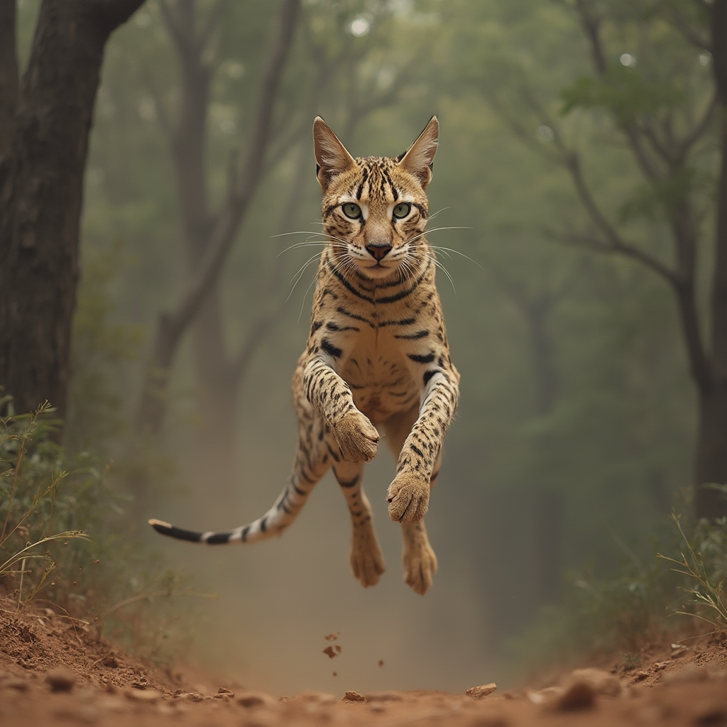 kot Sokoke w skoku, pełen dynamiki, długie umięśnione kończyny, wyraźnie widoczne prążki na grzbiecie, tło przypominające korony drzew, kadr pełnopostaciowy