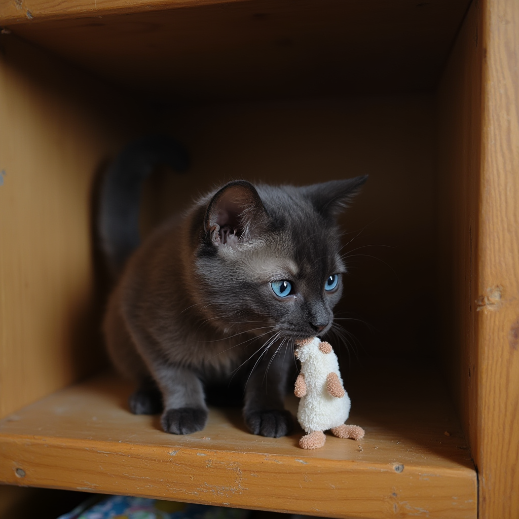 kot Sokoke bawiący się pluszową myszą, błysk w oku, uniesiony ogon, dynamiczna pozycja na drewnianej półce, kadr z profilu