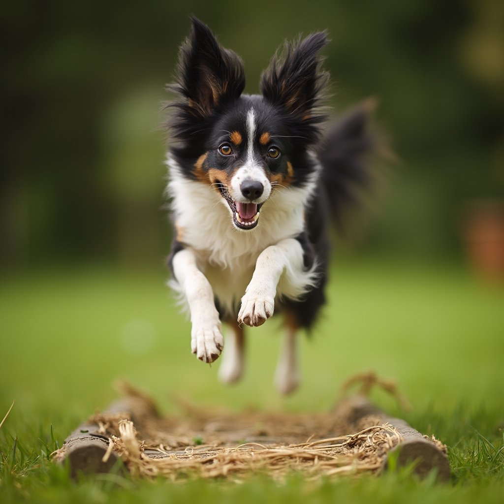Papillon skaczący przez tor agility w ogrodzie, dynamiczne ujęcie z rozbłyskami światła, widoczne napięcie mięśni i skupienie psa