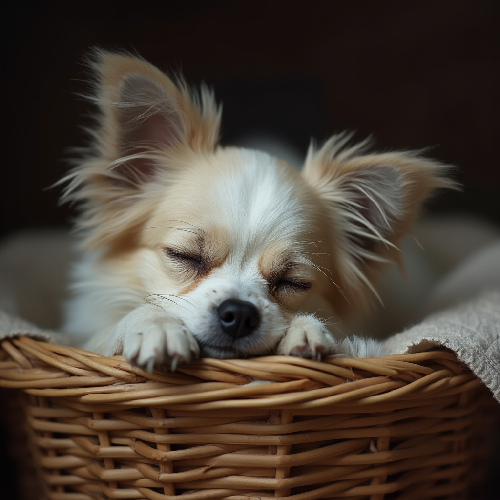 Starszy Papillon (około 14 lat) śpiący w wiklinowym koszu, sierść przy uszach delikatnie posiwiała, miękkie oświetlenie wnętrza, szczegóły zmarszczek na pysku